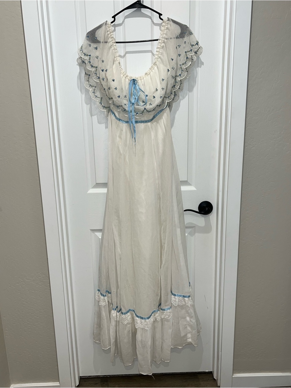 Gunne Sax White Dress with Light Blue Trim and embroidered neckline
